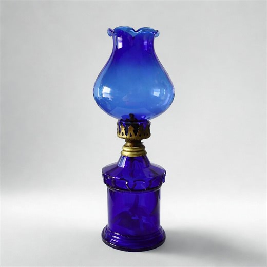 Oil Lamp Blue Glass Table Cobalt Brass Base - Etsy UK