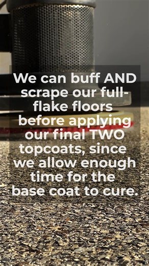 Unlike "1-day" installers who use a wafer-thin coat of polyurea-polyaspartic as their direct-to-concrete primer, we use a thick, moisture-mitigating epoxy. When we broadcast your chosen flake blend into our thick primer coat, the flakes get deeply embedded. This allows us to mechanically buff before applying our dual polyaspartic topcoats, producing a smooth, durable floor. (There's no catching your socks on our flooring!) This isn't the case for wafer-thin 1-day coatings, which can only be scra
