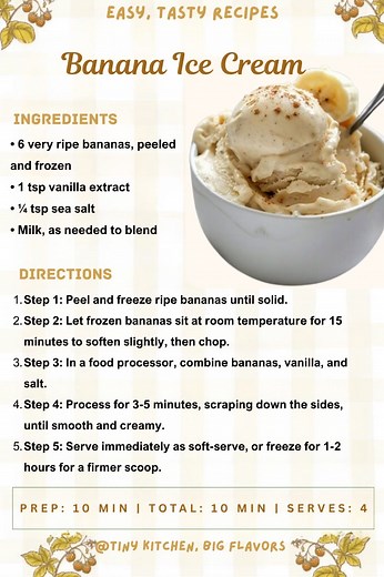 36K views · 139 reactions |  Banana Ice Cream – Creamy, Healthy & So Easy! You won't believe how creamy this is! With just frozen bananas (and a hint of vanilla), you can create the most delicious, guilt-free soft-serve ice cream right in your food processor. It’s vegan, gluten-free, and a perfect healthy treat. #BananaIceCream #HealthyDessert #Vegan #OneIngredient #DairyFree #EasyRecipes | Tiny Kitchen, Big Flavors | Facebook