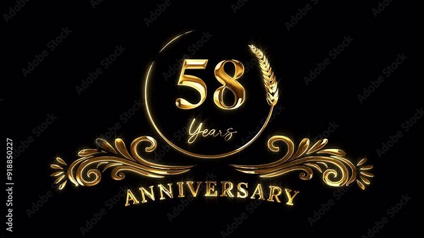 58th Anniversary Celebration. Happy 58 Years Anniversary Animation in Gold Color on the Transparent Background, Alpha Channel. Great for greetings, celebrations, events, and gifts.