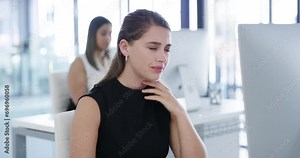 Woman, sick and coughing in office, computer and virus for infection, sinus and cold symptoms. flu, colleague and allergy in workplace, sore throat and healthcare for disease or spread germs