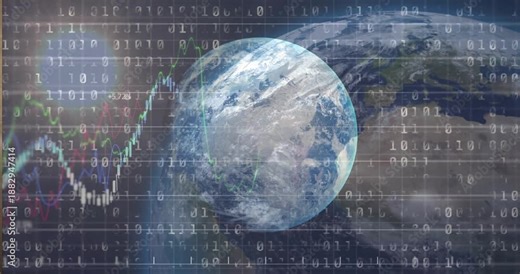 Binary digits scrolling initiating rotating Earth emerging while line charts plotting market data