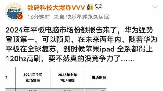 2024年平板电脑市场份额报告来了，华为强势登顶第一！还有其他爆料！
