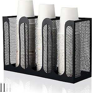 Maxcheck Metal Mesh Cup and Lid Holder Coffee Paper Cup Dispenser Lid Holder Storage Organizer Countertop or Wall Mount for Coffee Bar, Kitchen, Breakroom(3 Compartments,12.3 x 4.1 x 7.87 Inch)