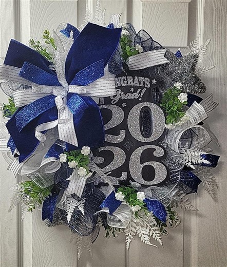 Graduation Wreath, Class of 2026 Decorations, Senior Gifts, Blue Silver & White Decor, Senior Wreath, Graduation Gifts - Etsy