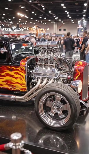 A stunning custom hot rod with a massive exposed engine and flame paint shining under the lights at a hot rod show. Pure power, chrome, and classic American style. 🔥🚗 #hotrod #customcar #musclecar #streetrod #custombuild