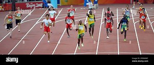NO FILM, NO VIDEO, NO TV, NO DOCUMENTARY - Asafa Powel (Front) and Usain Bolt (background) of Jamaica anchors the 4x100-meter relay team to gold in the Games of the XXIX Olympiad in Beijing, China on August 22, 2008. photo by Joe Rimkus Jr./Miami Herald/MCT/Cameleon/ABACAPRESS.COM Stock Photo - Alamy