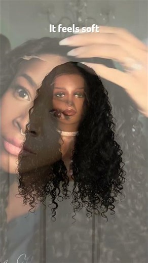 Trying on a curly hair wig