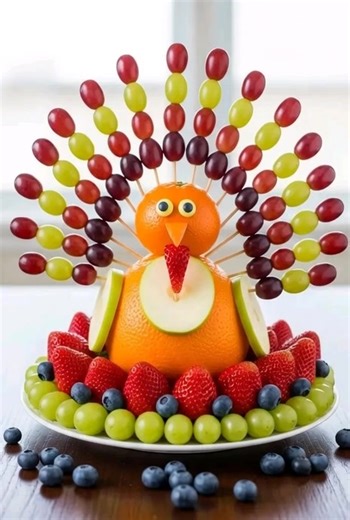 Thanksgiving Fruit Turkey: 🍇 A fun and impressive centerpiece for your table. This fruit turkey is always the star of the show. It's the perfect way to get a fun, healthy, and colorful option on the table for Thanksgiving. #Thanksgiving #fruitplatter #turkey #fblifestyle | Easy Recipe to day