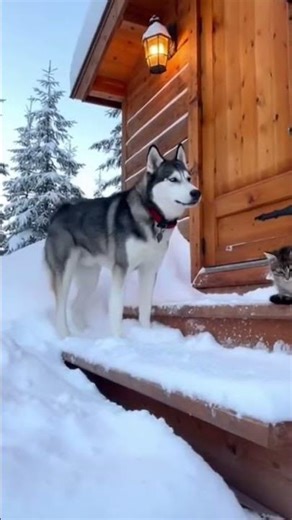 Sled Dog Faceplants Snowbank—Then Scares a Calm Kitten! 🐶❄️🐱 | #Shorts