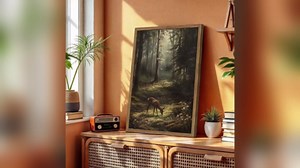 Framed Vintage Forest Deer Canvas Wall Art, Rustic Nature Landscape Paintings Wall Decor, Woodland Animal Pictures Prints Cottagecore Home Decor for Living Room Bedroom Office 8x10inch