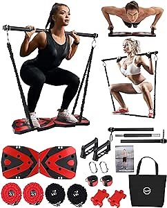 Portable Home Gym Workout Equipment with 12 Exercise Accessories Including Heavy Resistance Bands,Abs Workout,Push-up Stand, Tricep Bar,Pilates Bar and More for Full Body Workouts System Men Women