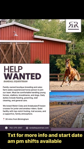 Please txt for more info 11/2025 start date am pm shifts for feeding and chores available | Randall Ranch Equestrian | Facebook