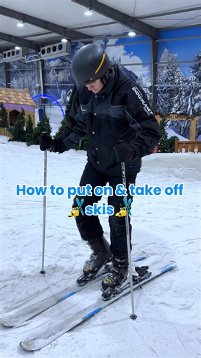 Master the ins and outs of ski gear👇 Step 1: unbuckle your boots 🥾 Step 2: buckle up comfortably, your feet must be secure but not too tight ✅ Step 3: stomp into your skis, the toe of your boot has a lip which you slip under the front part of the binding, next stomp your heel down to lock your boot into your skis 🦶 Step 4: to remove skis, press down on the big plastic part behind your heel. You can use your other ski or ski pole! ⛷ Step 5: if you fall and can’t get back into your skis, it is 