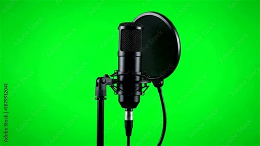 Professional microphone with pop filter against a vibrant green screen background.