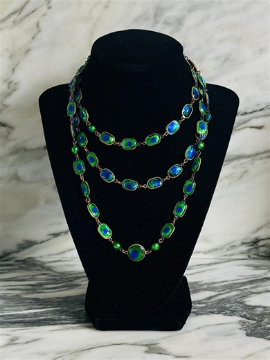 Art Nouveau Peacock Eye Glass Necklace: Rare Antique Czech Bohemian Foil Bead - Etsy