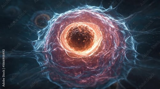 Human cell undergoing mitosis with visible stages of division, chromosomes, and cellular structures in scientific visualization