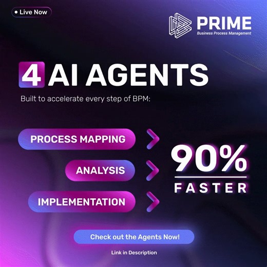 LIVE NOW | 4 BPM AI AGENTS Accelerate every step of BPM with 4 AI Agents built to work alongside your BPM and OPEX teams. Make BPM up to 90% faster by removing manual, repetitive work and focus on implementation that delivers results. Meet the BPM AI Agents: • MapAI – Generate process maps from any input • AI Procedure Writer – Create SOPs 3× faster • Digital Process Analyst – Automated, high-value process insights • PrimeGPT – Ask your process data. Get instant answers Discover what BPM looks l