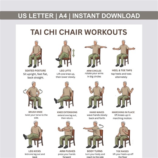 Printable Tai Chi Chair Workouts | Tai Chi Chair Exercise Chart & Workout Plan PDF | Digital Download | Chair Yoga Style Exercises | - Etsy