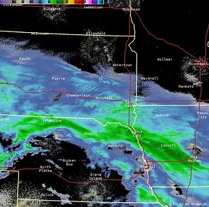 Let's zoom out the radar a little bit as we approach midnight. Several small scale snow bands have lifted towards I-90 this evening, but the stronger (and more prevailing) snow band is likely to continue to remain along or just south of the Missouri River and Highway 20 into Friday morning. Expect snow amounts to begin to increase along Highway 20 over the upcoming hours. Towards the very end of the radar loop, you may see a bit more radar reflectivity (and even a large scale curl in the radar i