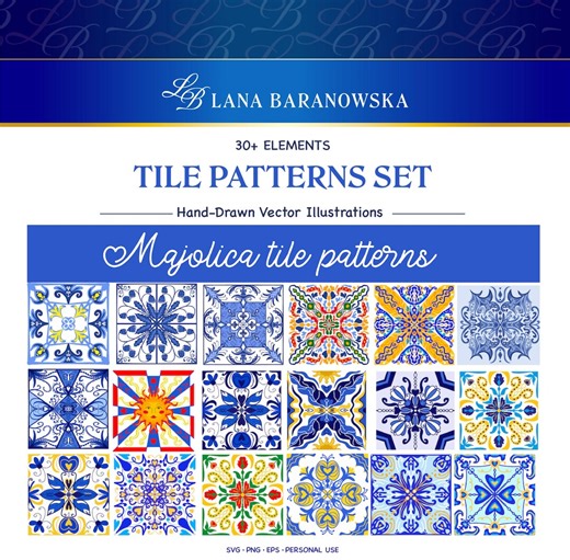 Blue Tile Seamless Pattern Bundle, Mediterranean Ceramic Digital Papers, Portuguese Azulejo Backgrounds, Mosaic Printable Vector Set + PNG - Etsy
