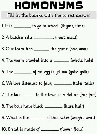 Homonyms worksheet for kids. Let's learn in fun way.