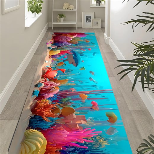 Ocean Coral Runner Rug: Blue Turquoise Reef Design, Colorful Fish Pattern, Coastal Hallway Decor - Etsy