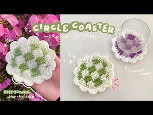 Crochet checkered coaster with ruffles (free written pattern) | tutorial