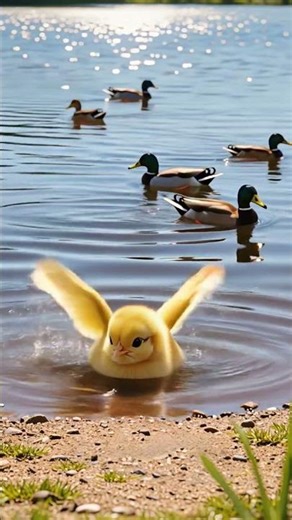 The little chick is swimming in the lake, it's having a lot of fun🤗