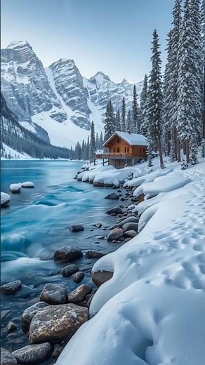 4K Winter Wonderland: Snowy Mountain Lake & Cabin — Relaxing Nature Scenery with Wildlife