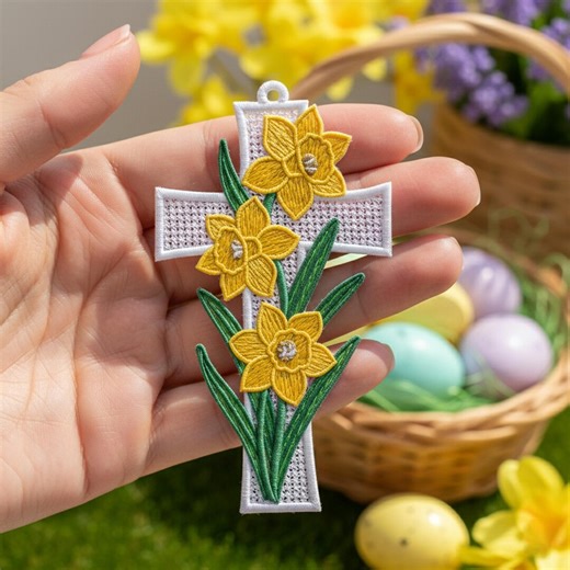 FSL Daffodil Easter Cross Lace Embroidery Design Ornament (PES DST) - Etsy
