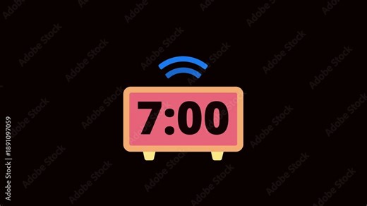 Digital Alarm Clock 7:00 Time Reminder Animation On Black Background. 7:00 AM PM Alarm Clock Flat Motion Graphic. Clock Alarm Notification Minimal Animation