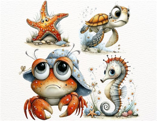 32 Cute Ocean Animals Clipart | Sea Animals Watercolor Illustration PNG | Whale Dolphin Crab Clipart for Printing, Invitations & Planners - Etsy