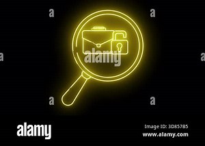 Yellow neon briefcase lock magnifying glass on black