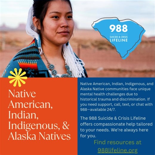 This month, we acknowledge the rich cultures, traditions, and resilience of Indigenous communities — American Indian, Alaska Native, and Indigenous Peoples. Recognizing that historical trauma, systemic inequities, and under-investment continue to affect mental-health and wellness outcomes in these communities. If you’re struggling, you’re not alone. At any time, you can call, text, or chat 988. Confidential. Free. 24/7. Learn how to care for yourself and support loved ones here: https://988lifel