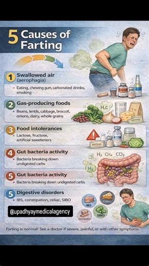 Upadhyay Medical Agency on Instagram: "Farting (flatulence) is caused by swallowed air and the breakdown of food by gut bacteria, with key culprits being high-fiber foods, lactose/sweeteners, carbonated drinks, swallowing air (eating fast, gum, smoking), and certain digestive issues like IBS or intolerances, leading to gas buildup and expulsion. Here are 5 common causes of farting: High-Fiber Foods: Foods like beans, lentils, cabbage, broccoli, and whole grains are difficult to digest, and bacte