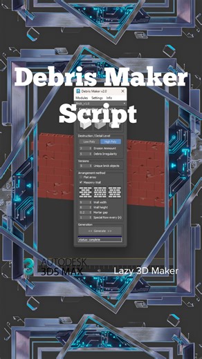 How to Make a Damaged Wall in 3ds Max with Debris Maker Script. 3DS Max Autodesk and Corona Renderer Tutorial. 3D Modeling Tutorial tips and tricks. Contact me if you want to learn how to make Realistic 3d Scene. 🧑‍🎓Learn: -Interior and exterior design. -3D Modeling and texturing. -Architecture and building modeling. -3ds Max Tips and Tricks -How to speed up your Workflow 👍Follow me to get more Contents 😁 📱 TikTok: Lazy 3D Maker 📸 Facebook: Lazy 3d maker 📺 Youtube: Lazy 3D Maker ✈️ Telegr
