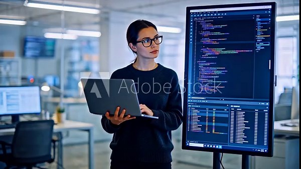 Female software developer coding on laptop while reviewing code and data on large vertical monitor in modern tech office – programming, AI development, and data analysis concept