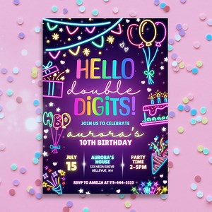 Hello Double Digits 10th Birthday Party Invitation Neon Glow Party Invite Printable Template Peace Out Single Digits Party Invitation - Etsy