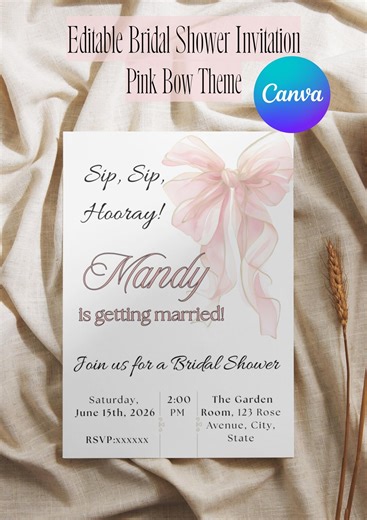 Pink Bow Bridal Shower Invitation Template, Editable Canva Invite, Coquette Bridal Shower Invite, Bow Party Invitation - Etsy