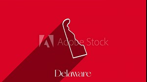 Animated line map showing the state of Delaware from the United State of America. USA. Delaware state lettering isolated on red background with shadow Stock Video