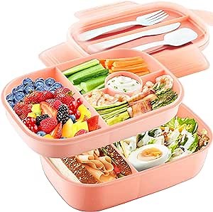 Stackable Bento Box Adult Lunch Box- Leakproof Bento Box Lunch Containers for Adult, 64-oz Lunch Box Containers with Utensil Set Dressing Container 5 Compartments -Blush Pink