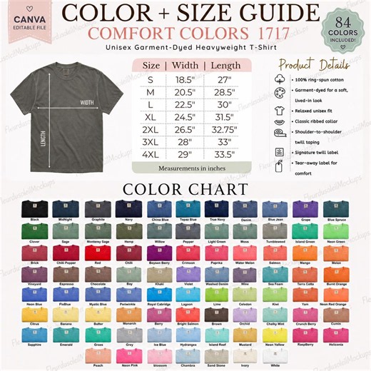 Comfort Colors 1717 Size & Color Chart Canva Template, Editable CC1717 T-shirt Guide, Digital Download - Etsy