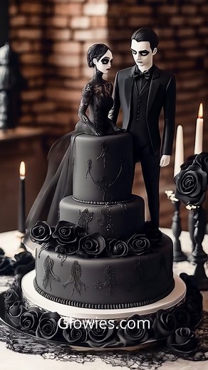 163K views · 7.6K reactions | This gothic wedding cake is a masterpiece of romance and darkness, topped with a stunning goth bride and groom figurine. Wrapped in rich black icing, it’s bold, dramatic, and full of love with a twist. Every slice is a celebration of eternal devotion with gothic flair. For couples who say “forever” under moonlight, not spotlights.  | Gothic Darling | Facebook