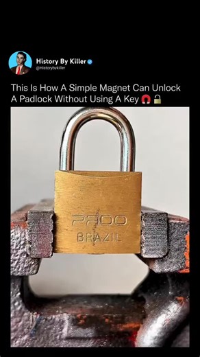 History By Killer on Instagram: "A strong magnet can defeat certain low-security padlocks in seconds 🧲🔒 Some older or lower-complexity locks rely on spring-loaded internal pins made from ferromagnetic metals. These pins are normally pushed into place by springs and released only when the correct key aligns them. When exposed to a powerful magnetic field, those internal components can respond to physics instead of mechanics. The magnetic force pulls the pins upward, replicating the effect of th
