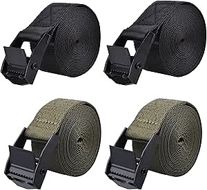 Azarxis Lashing Straps Ratchet Tie Down Secure Cinch Strap Adjustable Cam Buckles Belts Heavy Duty up to 441 lbs Capacity for Motorcycle Cargo Kayak Boat Canoe (Black - 2 Pack + Green - 2 Pack,9.8 ft)