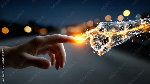 Digital Connectivity: An ethereal depiction of digital interaction, where two hands touch, sparking an electric current. Exploring the boundaries of human connection, technology.