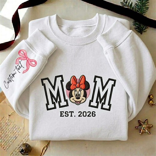 Minnie Mouse Mom Embroidered Sweatshirt, Classic Disney Minnie Crewneck EST 2026, Cute Minnie Shirt, Personalized Sleeve Gift - Etsy