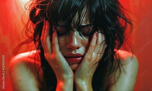 Expressive face radiates raw emotion, illuminated by warm colors, while water droplets enhance the intensity of the moment, creating an immersive atmosphere