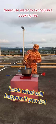 Never use flour or water to extinguish a cooking fire. Flour is combustible and water can spread the fire. Never attempt to carry a burning pan out of the kitchen area; severe burns could result and the fire could spread